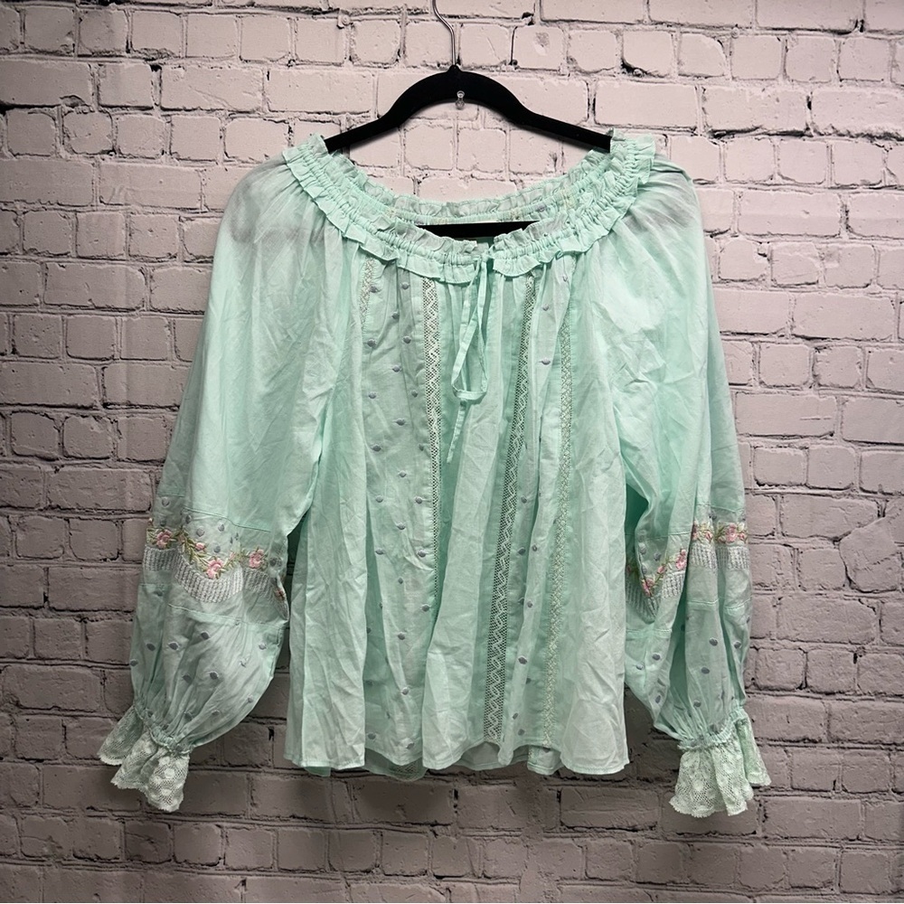 LoveShackFancy Light Green Blouse with Lace Accents Sz XS